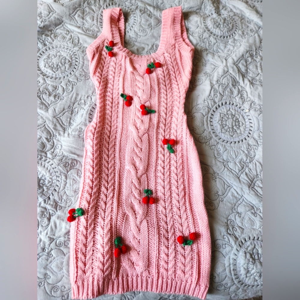 NWOT DEADSTOCK Dolls Kill Pink Knit Cherry Dress